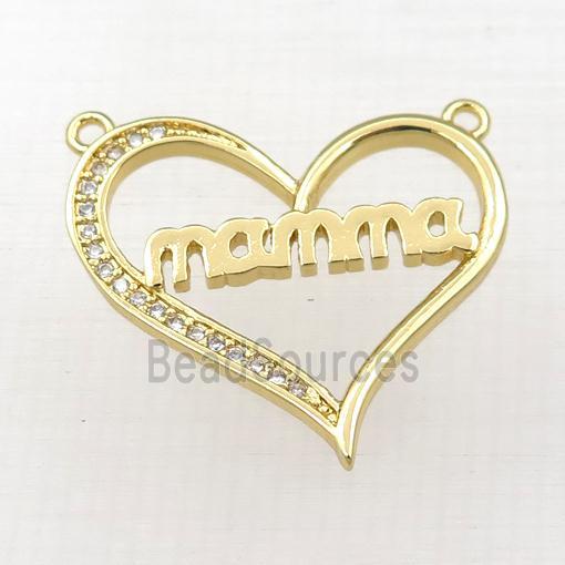 copper heart MAMA pendant paved zircon with 2loops, gold plated