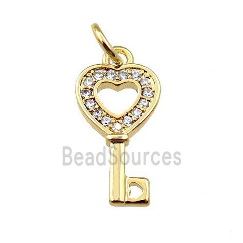 copper key charm pendant pave zircon, gold plated