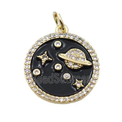 copper planet pendant pave zircon, circle, gold plated