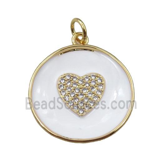 copper circle pendant pave zircon with white enameled, heart, gold plated