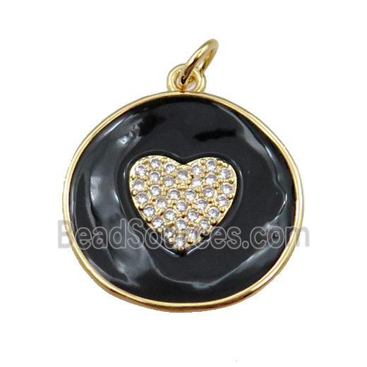 copper circle pendant pave zircon with black enameled, heart, gold plated