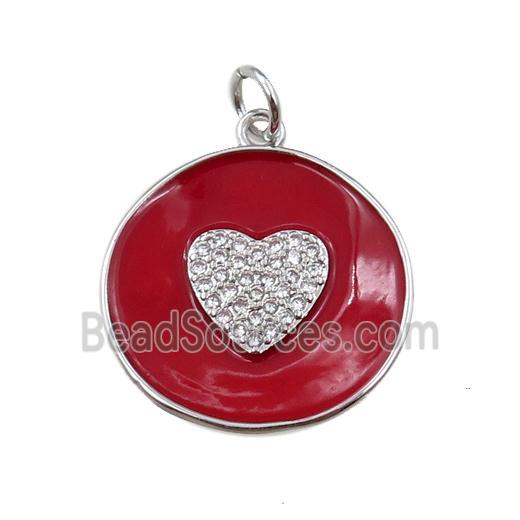 copper circle pendant pave zircon with red enameled, heart, platinum plated