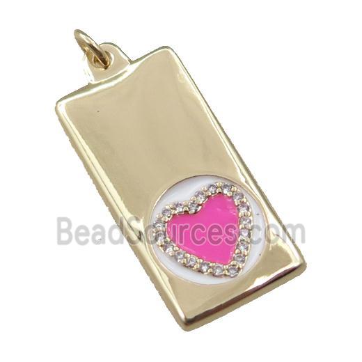 copper rectangle pendant pave zircon, heart, gold plated