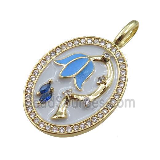 copper oval pendant pave zircon with blue lotus charm, gold plated