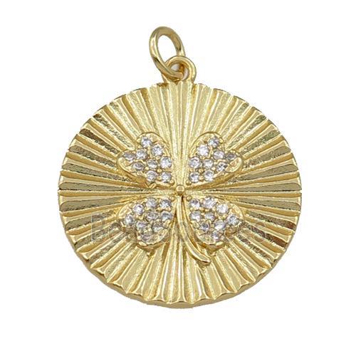 copper circle pendant pave zircon, clover, gold plated