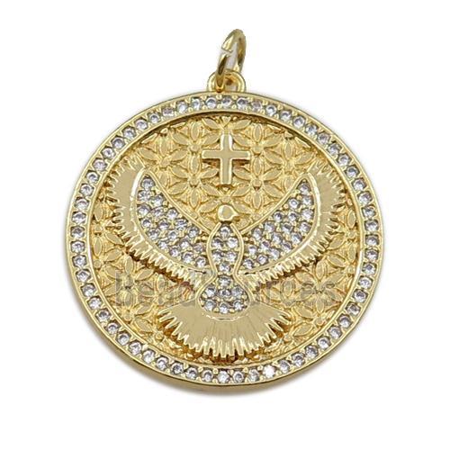 copper circle pendant pave zircon, eagle, gold plated