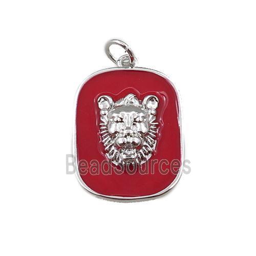 copper rectangle pendant with leopard, red enamel, platinum plated