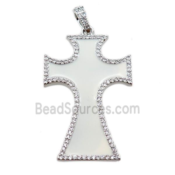 copper cross pendant pave zircon with white enameled, platinum plated