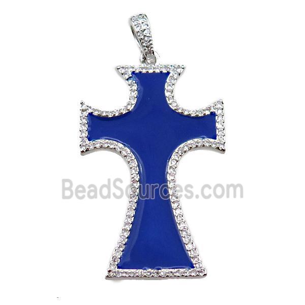 copper cross pendant pave zircon with blue enameled, platinum plated