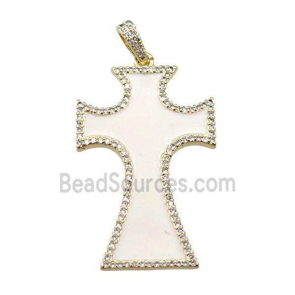 copper cross pendant pave zircon with white enameled, gold plated