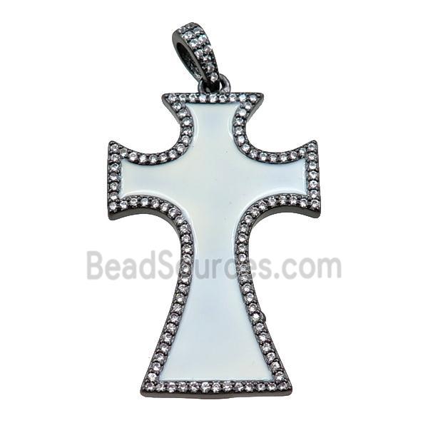 copper cross pendant pave zircon with white enameled, black plated