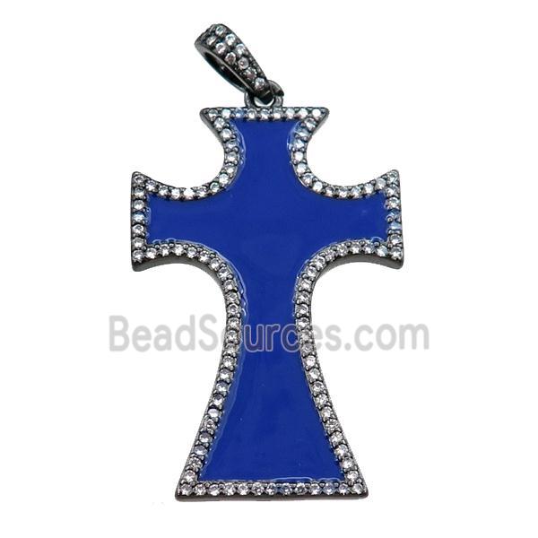 copper cross pendant pave zircon with blue enameled, black plated