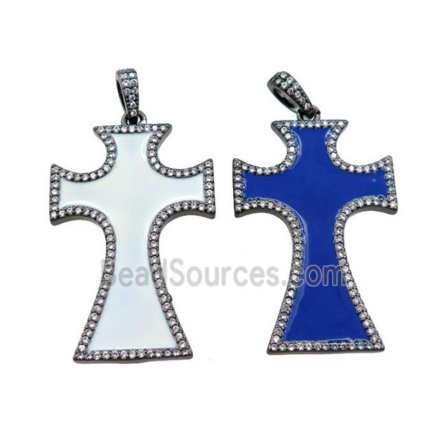 copper cross pendant pave zircon with enameled, mixed, black plated