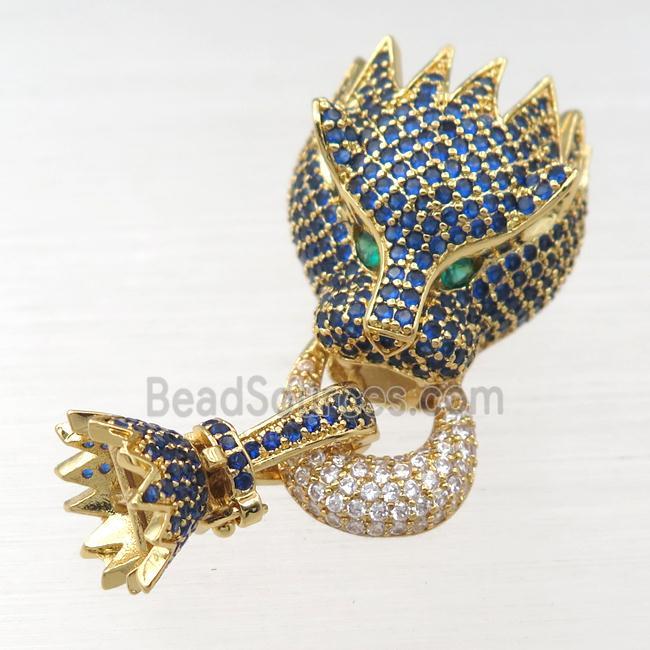 copper clasp pave blue zircon, lion, gold plated