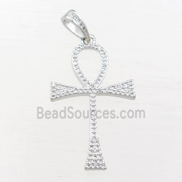 Copper Ankh Cross Pendant Pave Zircon Platinum Plated