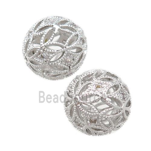 copper round beads pave zircon, hollow, platinum plated