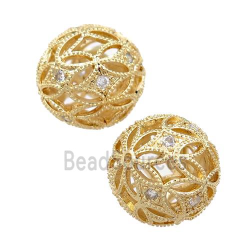 copper round beads pave zircon, hollow, gold plated