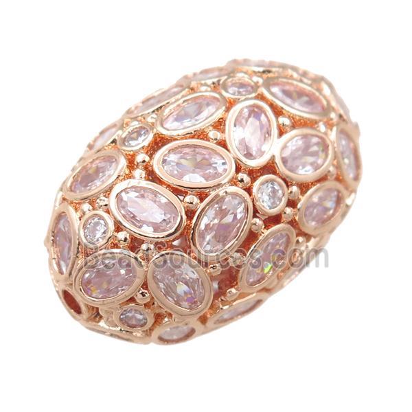 copper barrel beads pave zircon, hollow, rose gold