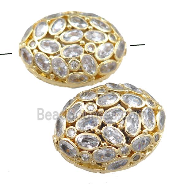 copper oval beads pave zircon, hollow, gold plated