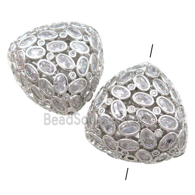 copper triangle beads pave zircon, hollow, platinum plated