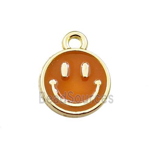 copper emoji pendant with brown enameled, smile face, gold plated