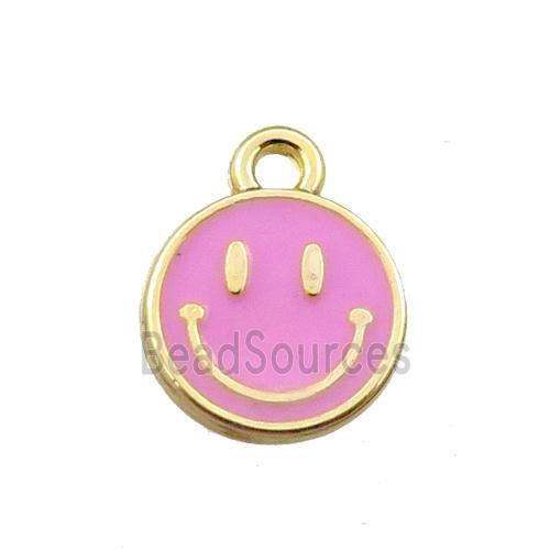 copper emoji pendant with pink enameled, smile face, gold plated