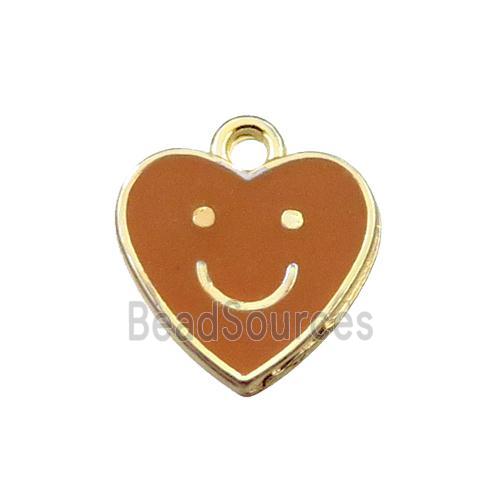 copper emoji pendant with brown enameled, heart, smile face, gold plated