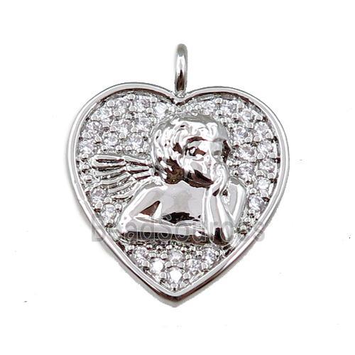 copper heart pendant pave zircon, angel, platinum plated