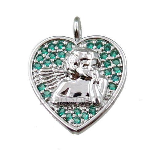 copper heart pendant pave zircon, angel, platinum plated