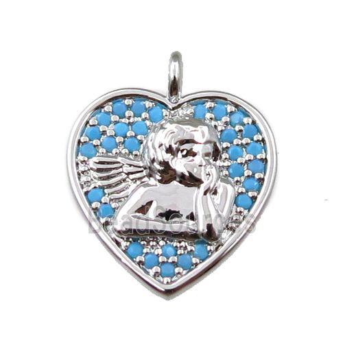 copper heart pendant pave zircon, angel, platinum plated