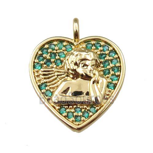 copper heart pendant pave zircon, angel, gold plated