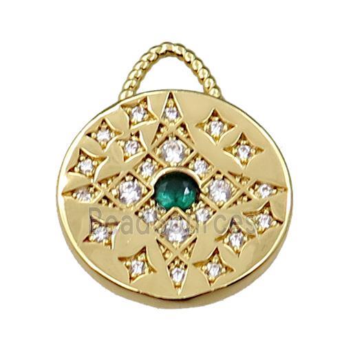 copper circle pendant pave zircon, gold plated