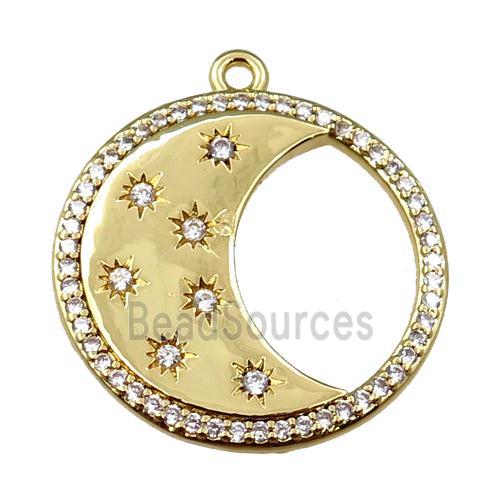 copper moon pendant pave zircon, circle gold plated