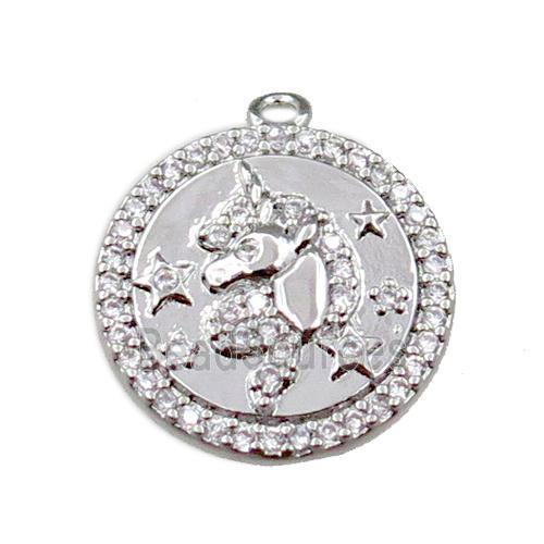 copper circle pendant pave zircon, platinum plated