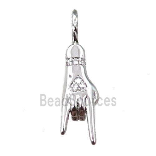 copper hand pendant pave zircon, platinum plated