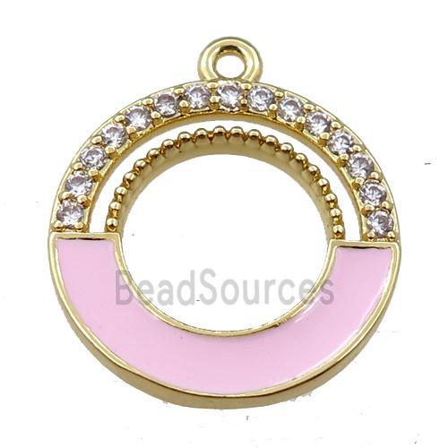 copper circle pendant pave zircon with pink enameled, gold plated