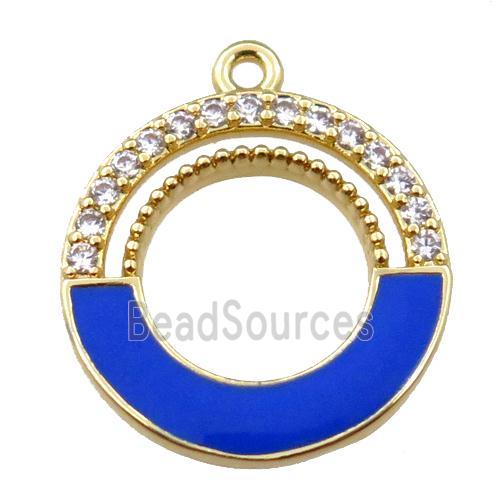 copper circle pendant pave zircon with blue enameled, gold plated