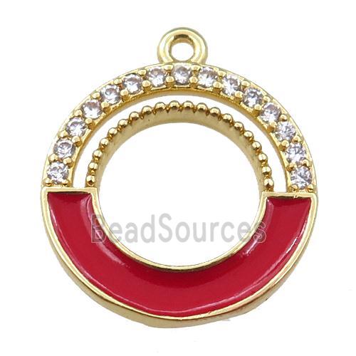 copper circle pendant pave zircon with red enameled, gold plated