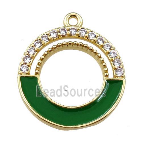 copper circle pendant pave zircon with green enameled, gold plated