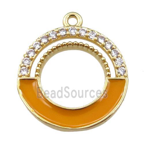 copper circle pendant pave zircon with orange enameled, gold plated