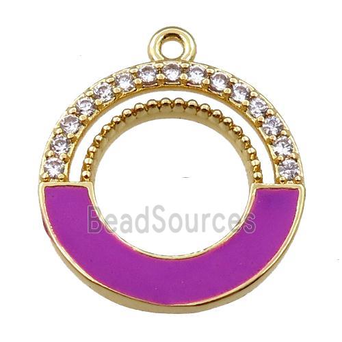 copper circle pendant pave zircon with purple enameled, gold plated