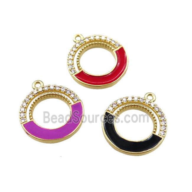 copper circle pendant pave zircon with enameled, mixed, gold plated