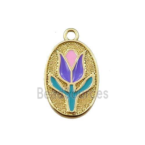 copper lotus pendant, oval, enameling, gold plated