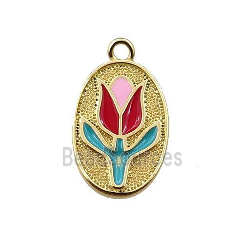 copper lotus pendant, oval, enameling, gold plated