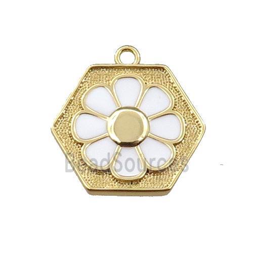 copper daisy pendant, hexagon, white enameling, gold plated