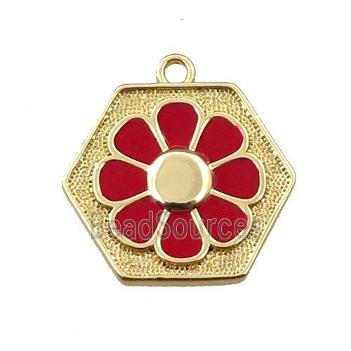 copper daisy pendant, hexagon, red enameling, gold plated