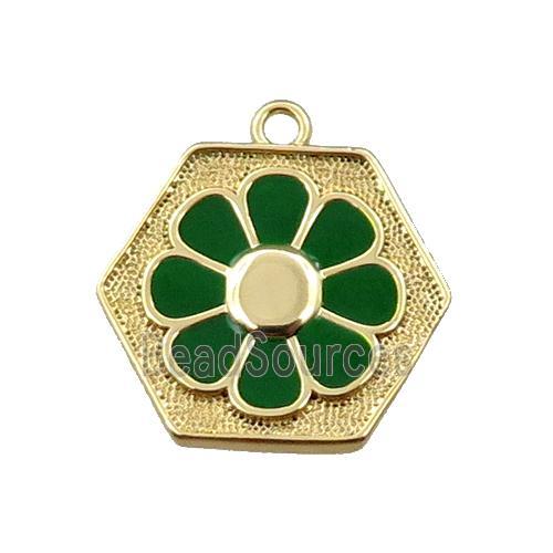 copper daisy pendant, hexagon, green enameling, gold plated