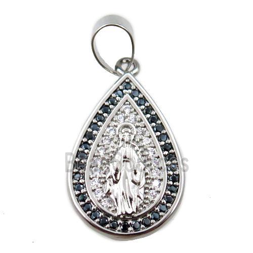 copper teardrop pendant pave zircon, jesu, platinum plated