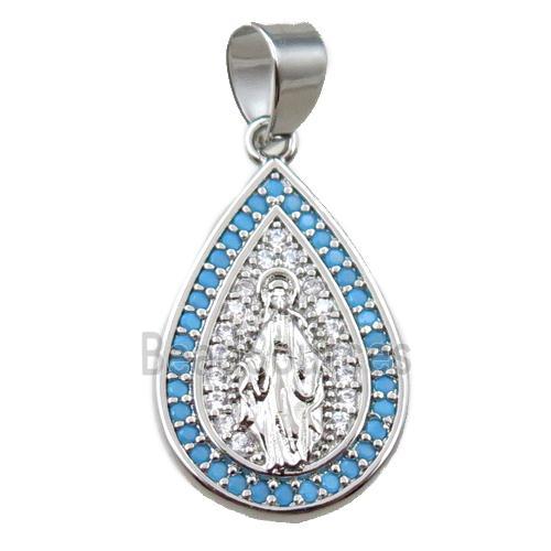 copper teardrop pendant pave zircon, jesu, platinum plated