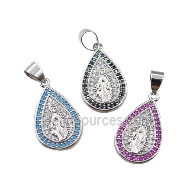 copper teardrop pendant pave zircon, jesu, platinum plated, mix